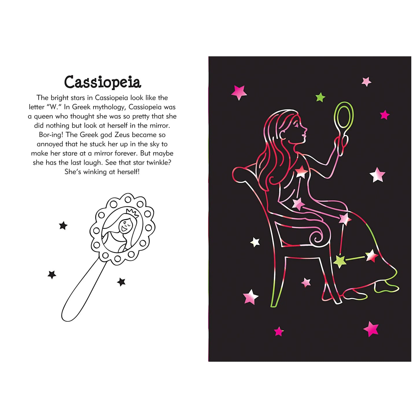 Illustration of Cassiopeia constellation with stars and text on a black background