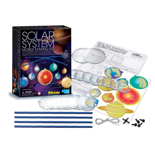 Solar system mobile making kit with packaging, materials, and instructions on a white background