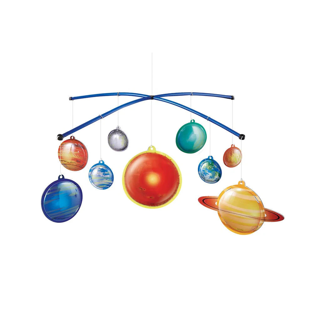 Colorful solar system mobile with planets on a white background