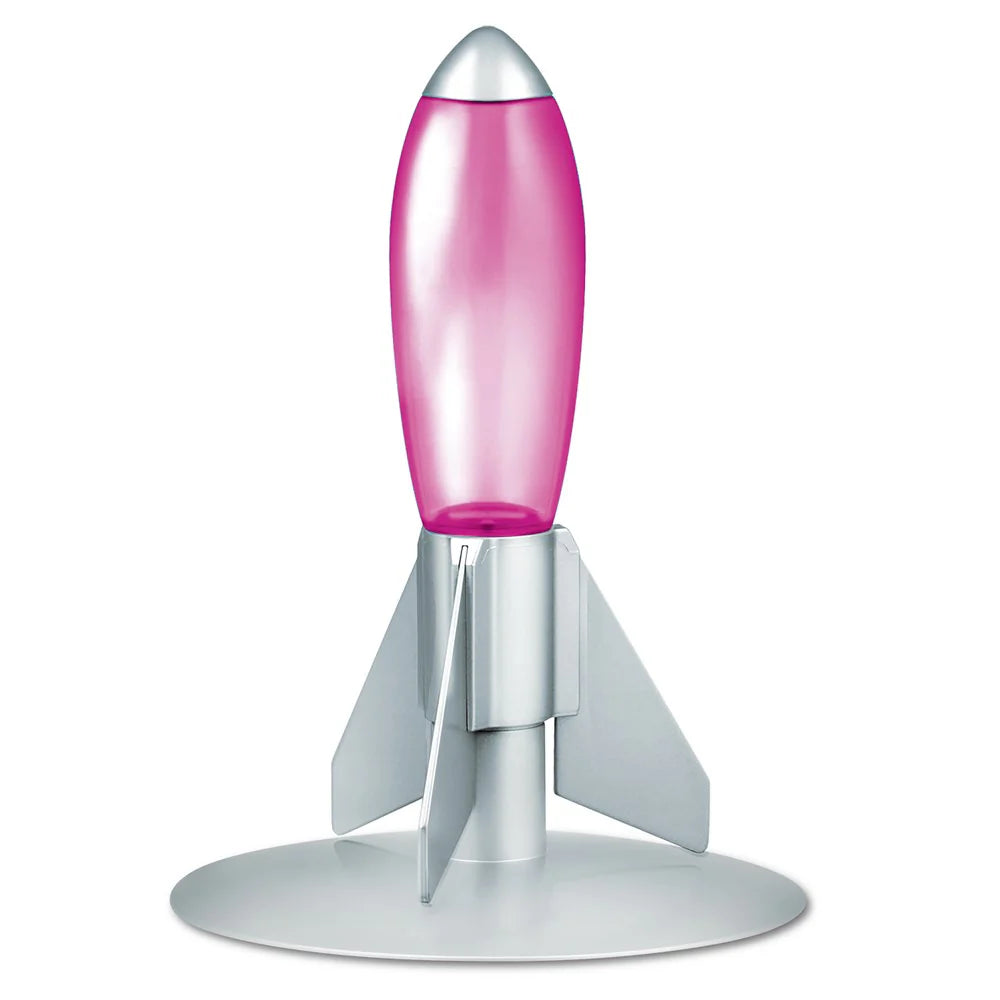 Pink and silver rocket-shaped object on a white background