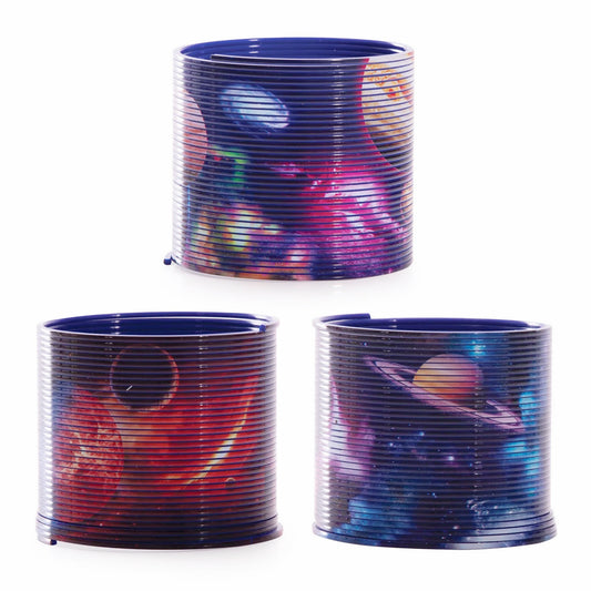 Three cylindrical containers with space-themed designs on a white background