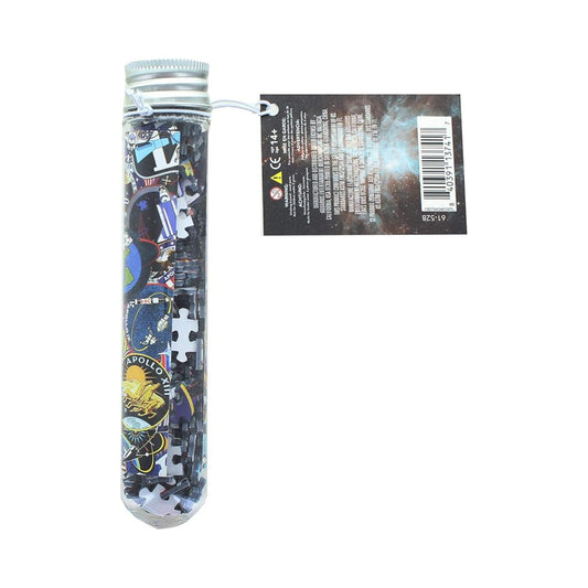 Tubular packaging of a puzzle with space-themed design and a separate back panel.