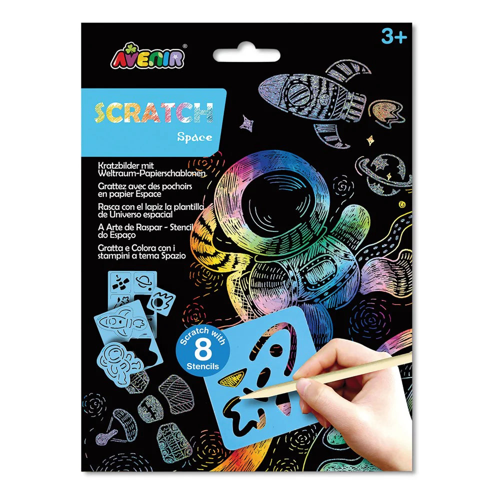 Avenir Scratch Space art set packaging with stencils and a pencil on a black background.