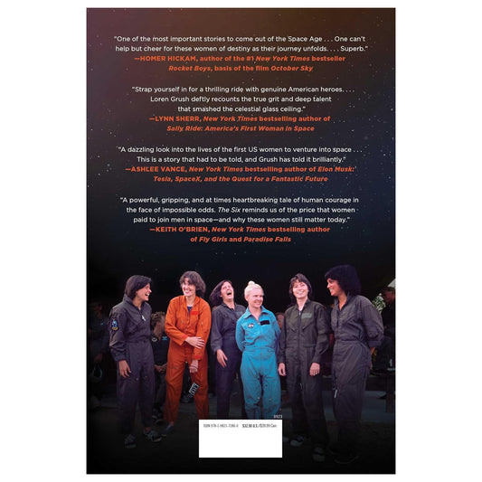 Book cover with text and image of women in space suits against a starry background