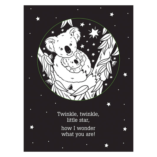 Illustration of two koalas under a starry night sky with text at the bottom.