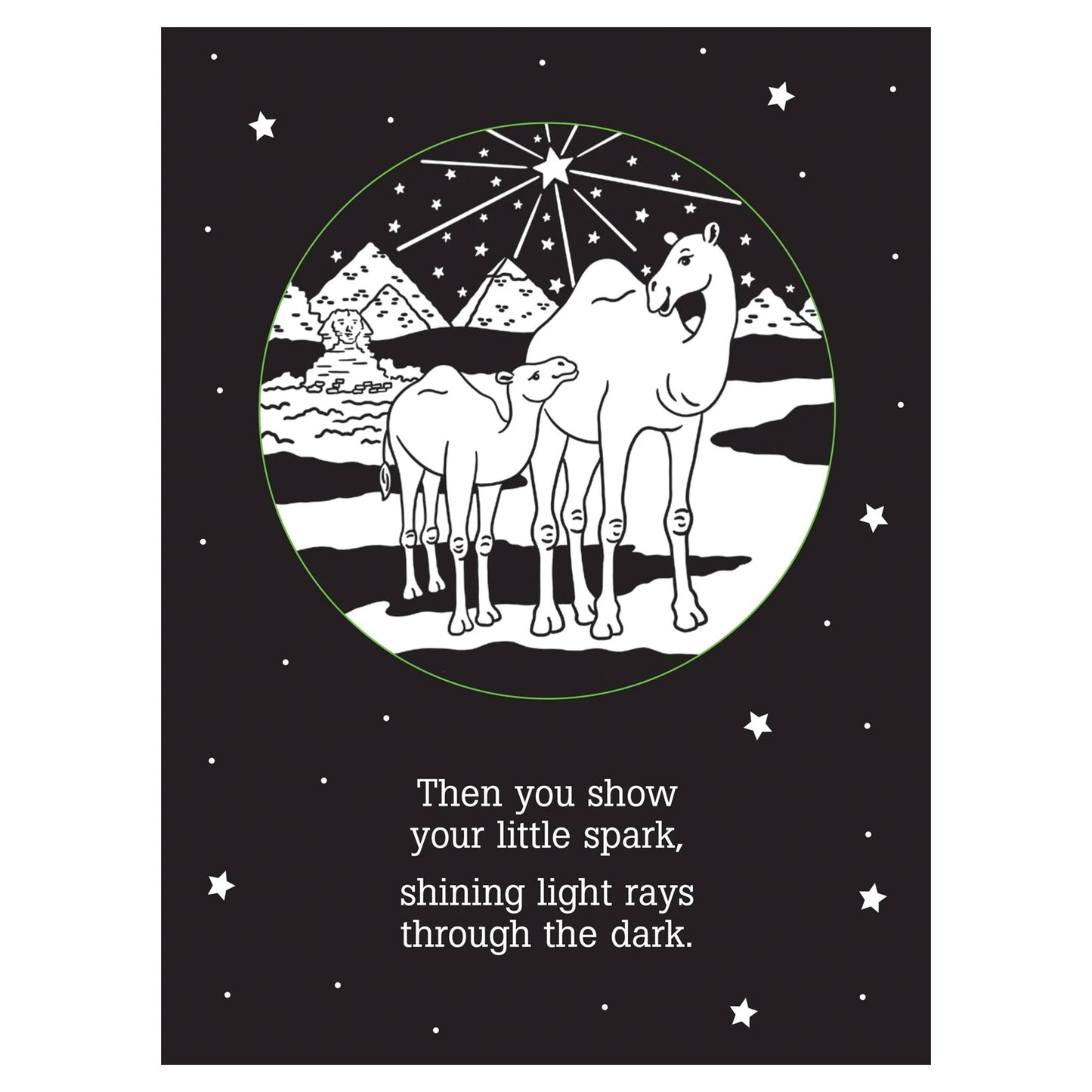 Illustration of two camels under a starry sky with mountains, on a black background.