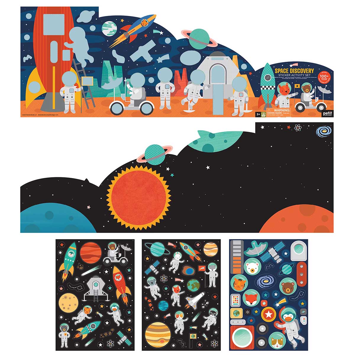 Set of space-themed children's posters and stickers with astronauts, planets, and rockets.