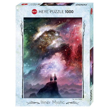 HEYE puzzle box with a cosmic scene and two figures on a mountain peak.