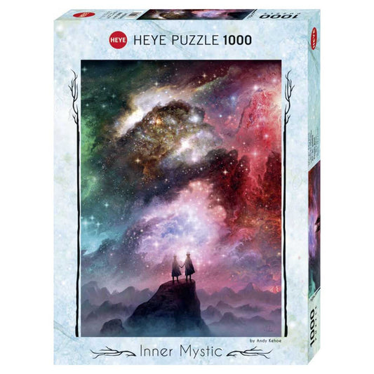 HEYE puzzle box with a cosmic scene and two figures on a mountain peak.