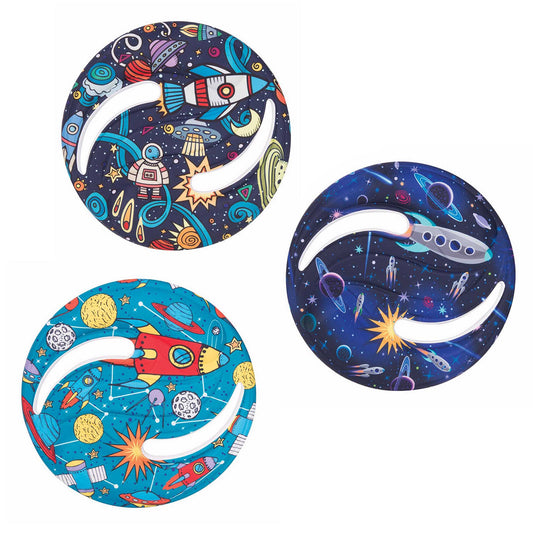 Three space-themed frisbees with colorful designs on a white background