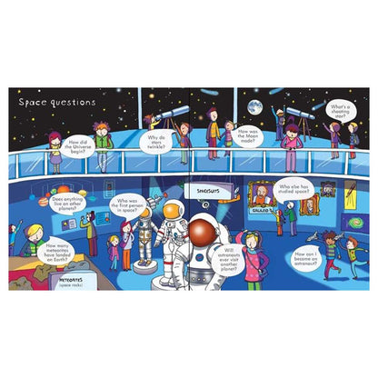 Illustration of a space-themed children's book with astronauts and space-related questions.