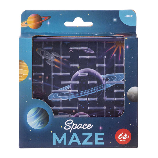 Space-themed maze packaging with planets and stars on a blue background