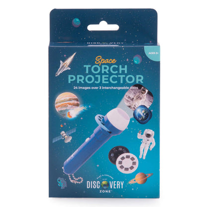 Space Torch Projector packaging with illustrations of planets and astronauts on a blue background.