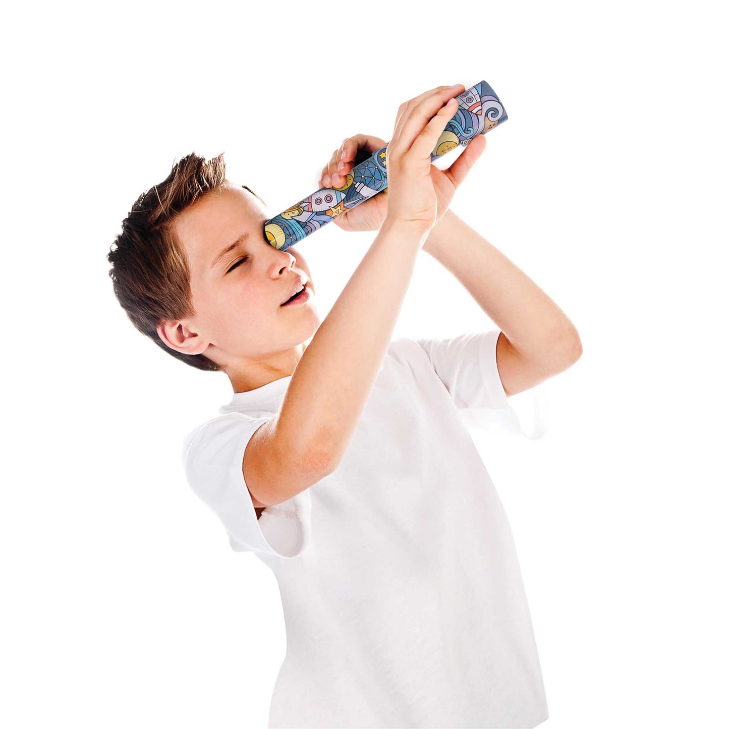 Child holding a toy telescope against a white background