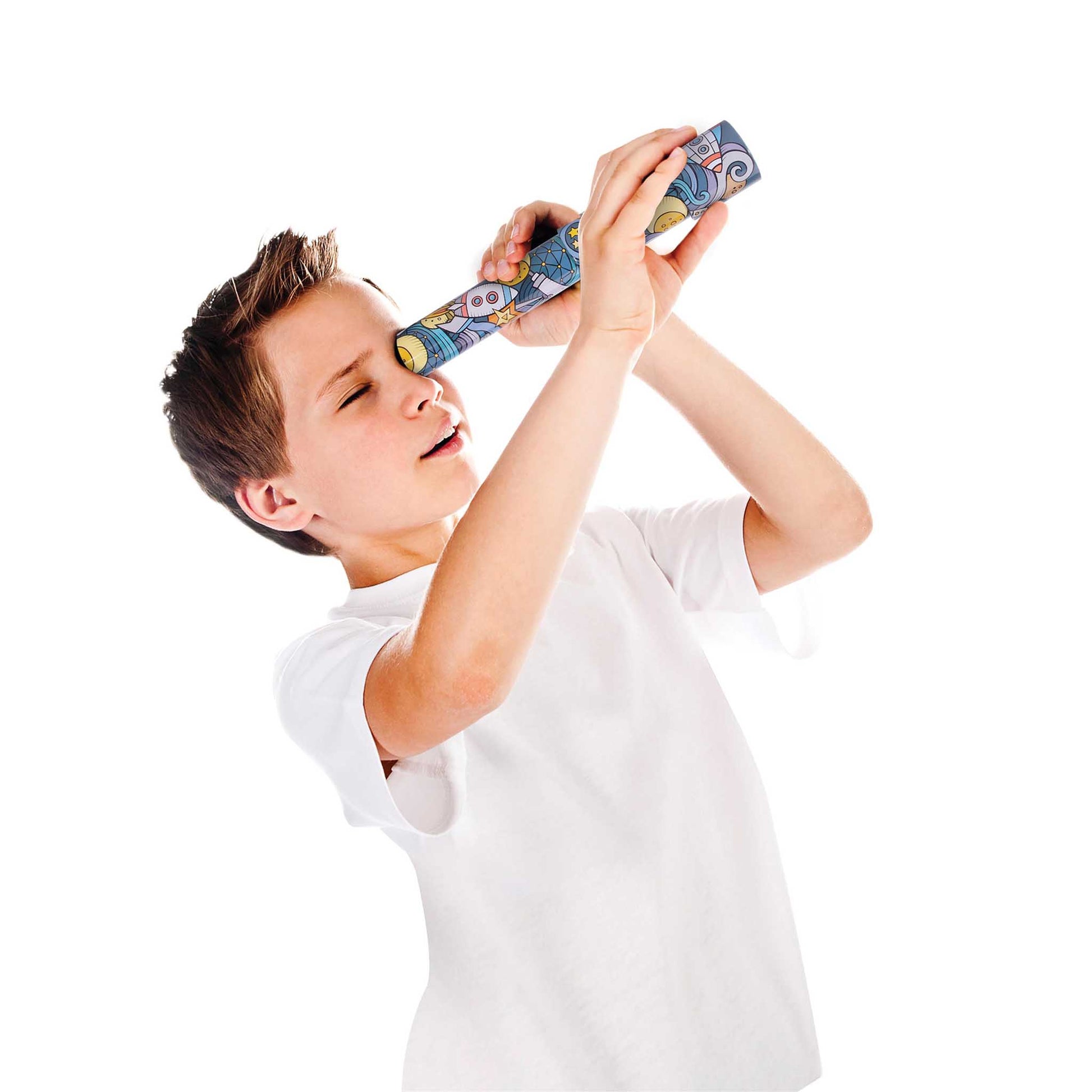 Child holding a toy telescope against a white background