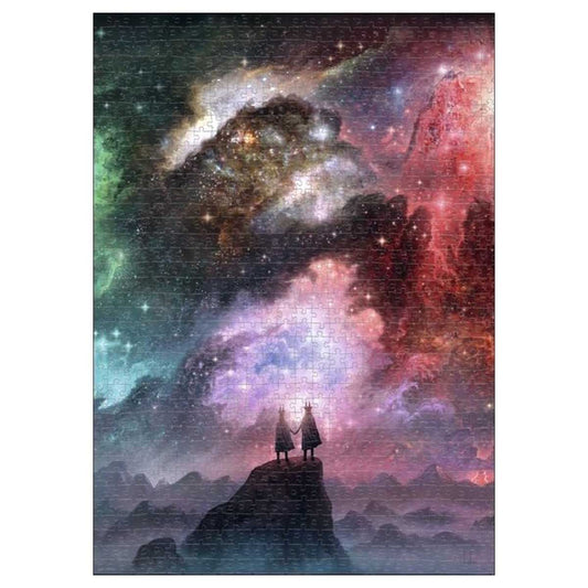 Two figures standing on a mountain peak under a vibrant nebula in space.