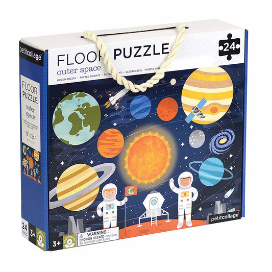 Outer space-themed floor puzzle packaging with illustrations of planets and astronauts.