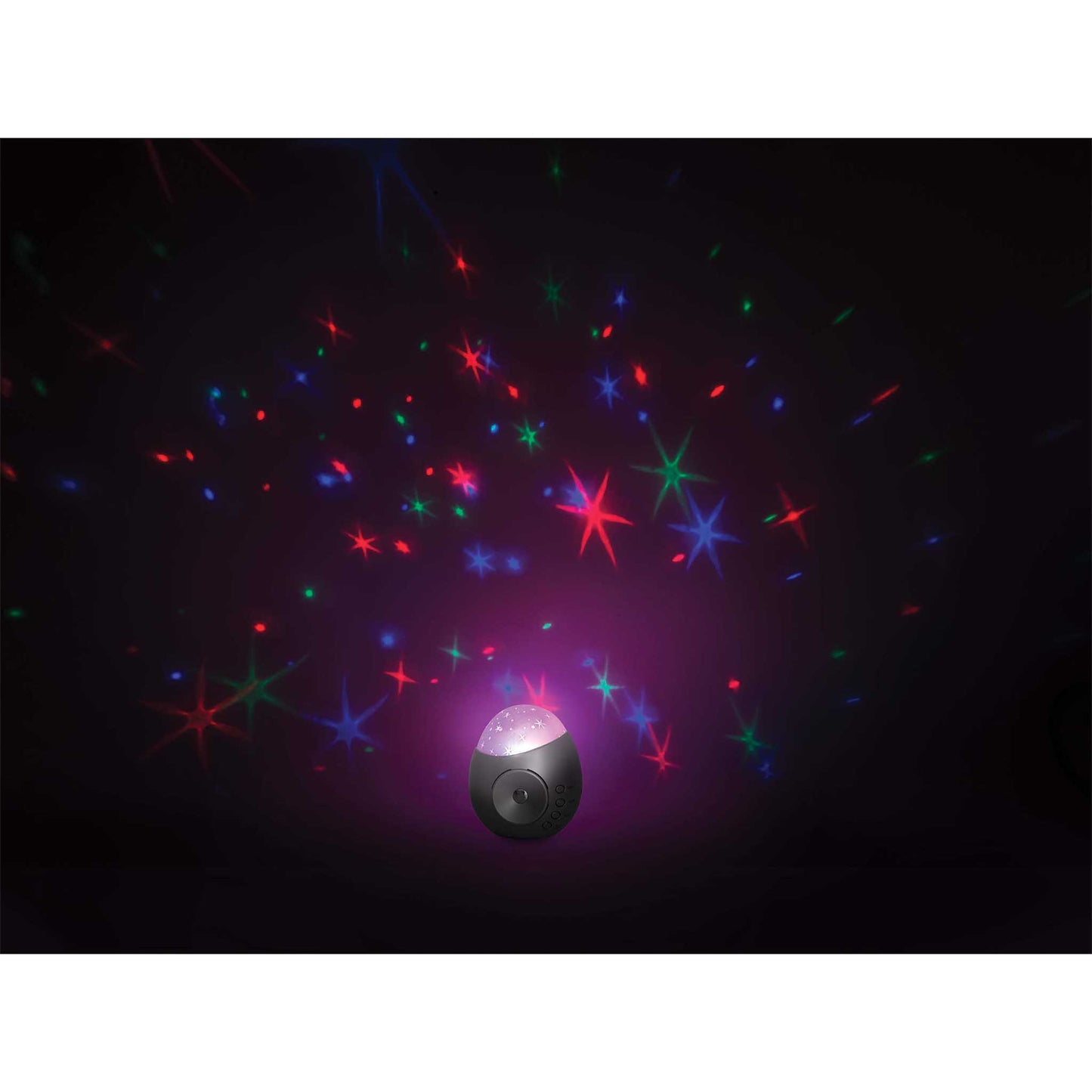 Colorful star-shaped light projector on a black background