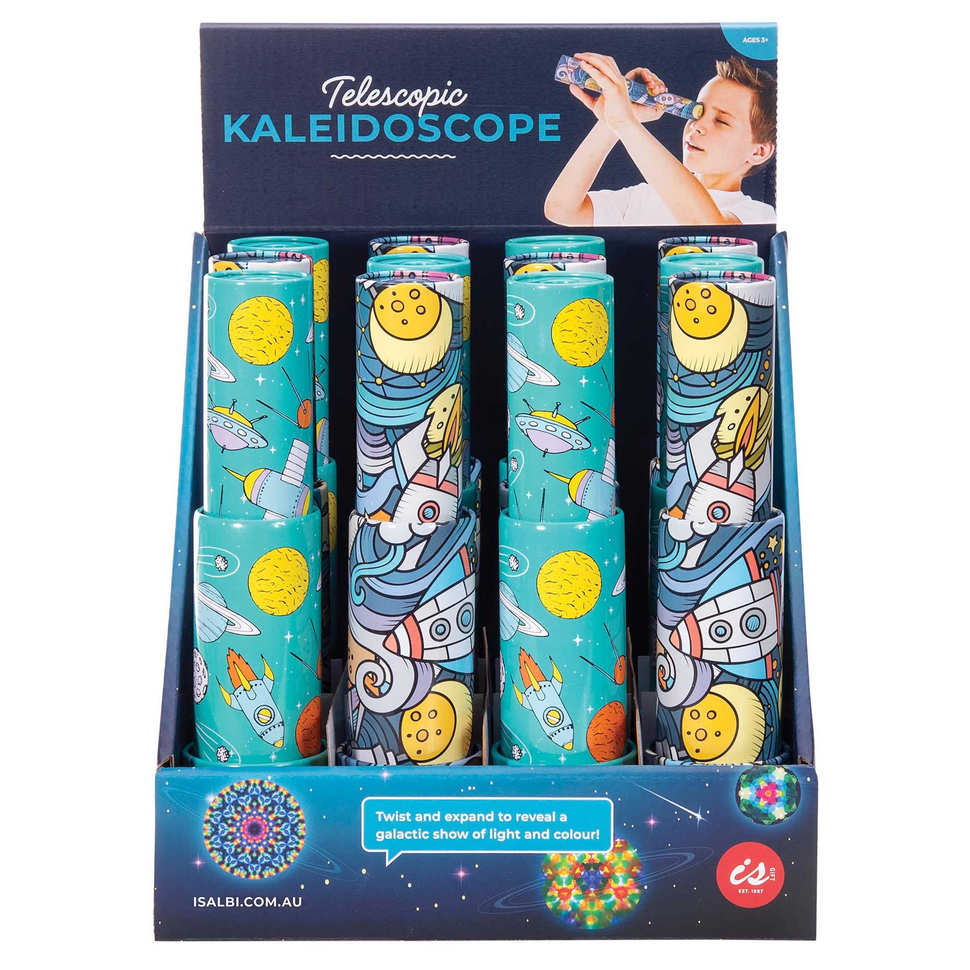 Telescopic kaleidoscope set in a display box with colorful designs and IS logo.