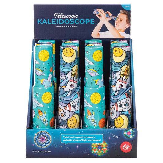 Telescopic kaleidoscope set in a display box with colorful designs and IS logo.