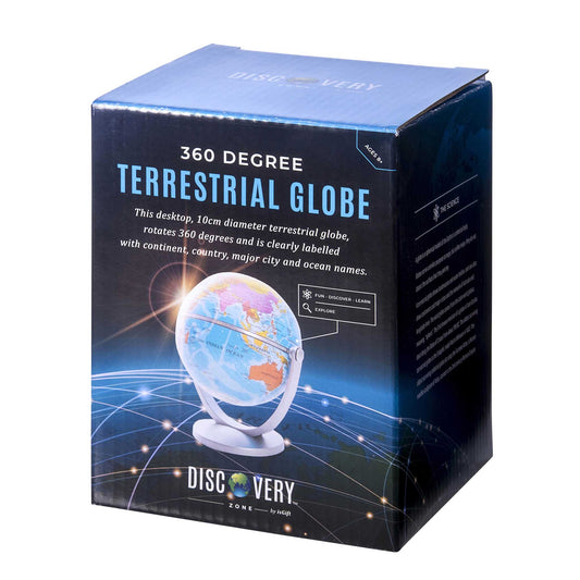 Box packaging of a 360-degree terrestrial globe with branding on a white background