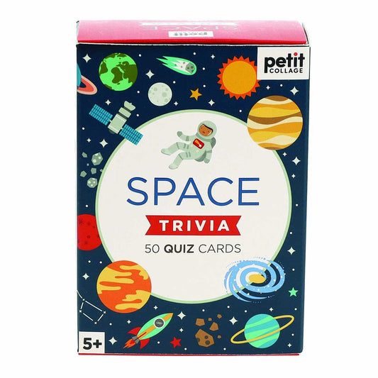 Space trivia quiz cards packaging with colorful space-themed illustrations on a blue background.