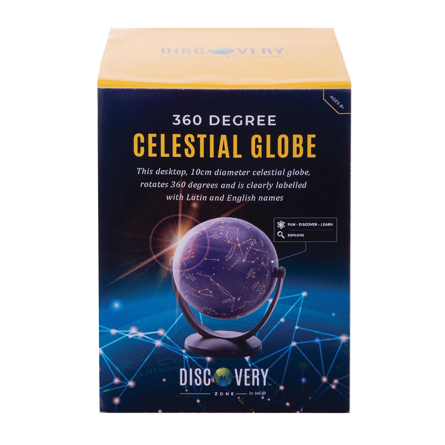Box of a 360-degree celestial globe with a blue and yellow design.