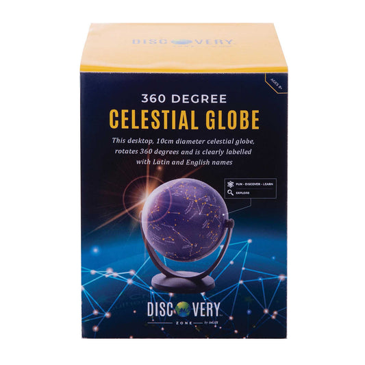 Box of a 360-degree celestial globe with a blue and yellow design.