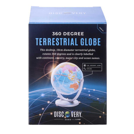 Box of a 360-degree terrestrial globe with a world map on a blue background