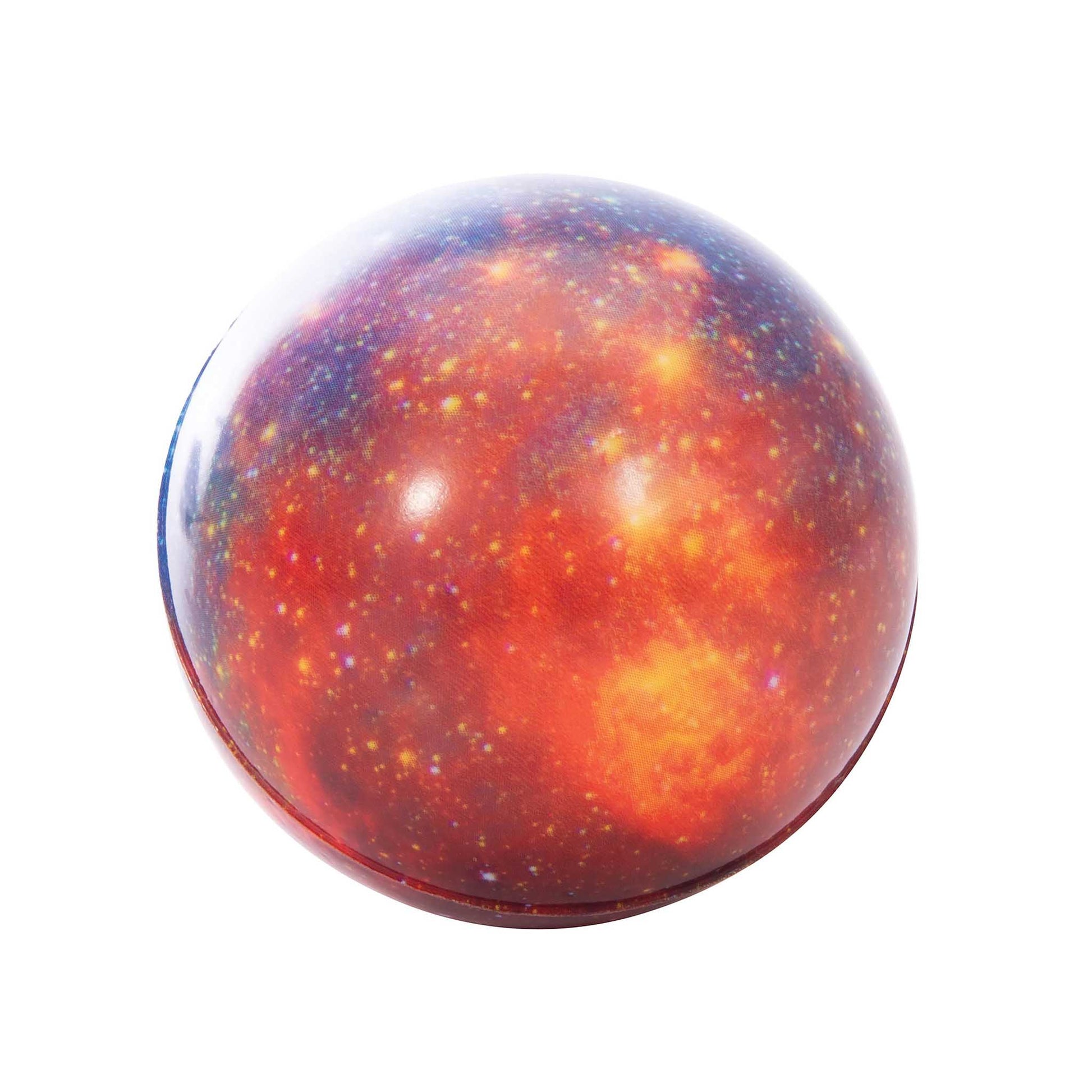 Spherical object with a fiery red and orange surface on a white background