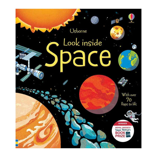 Book cover of 'Look inside Space' with space-themed illustrations and solar system elements.