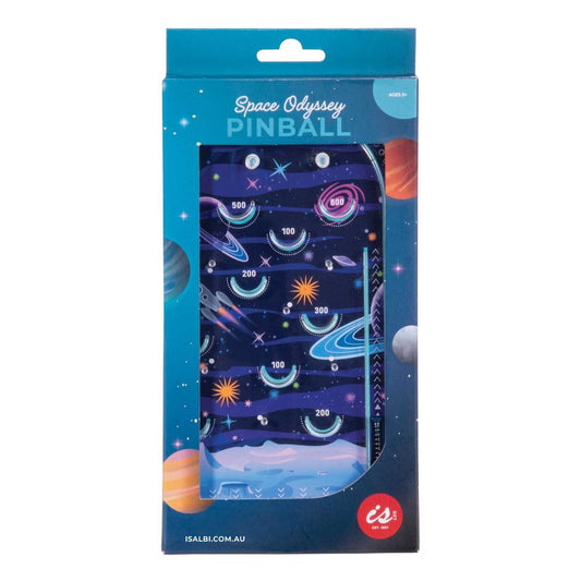 Packaged product with space-themed design and 'Space Odyssey Pinball' text on a blue background