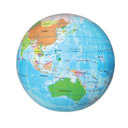 World globe stress ball with colorful map on a white background