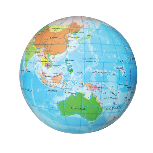 World globe stress ball with colorful map on a white background