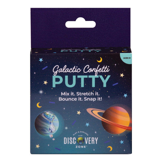 Box of Galactic Confetti Putty with space-themed design and text.