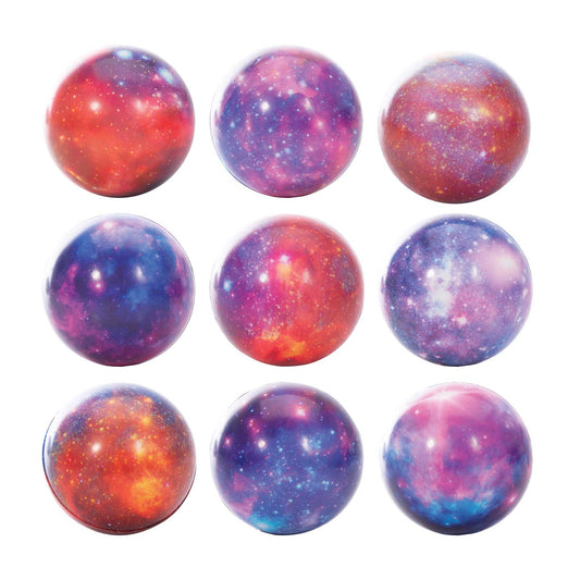 Nine galaxy-themed balloons on a white background