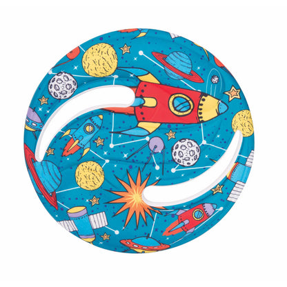 Space-themed frisbee with rockets, planets, and stars on a blue background.