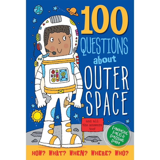 Book cover of '100 Questions about Outer Space' with an astronaut illustration on a blue background.