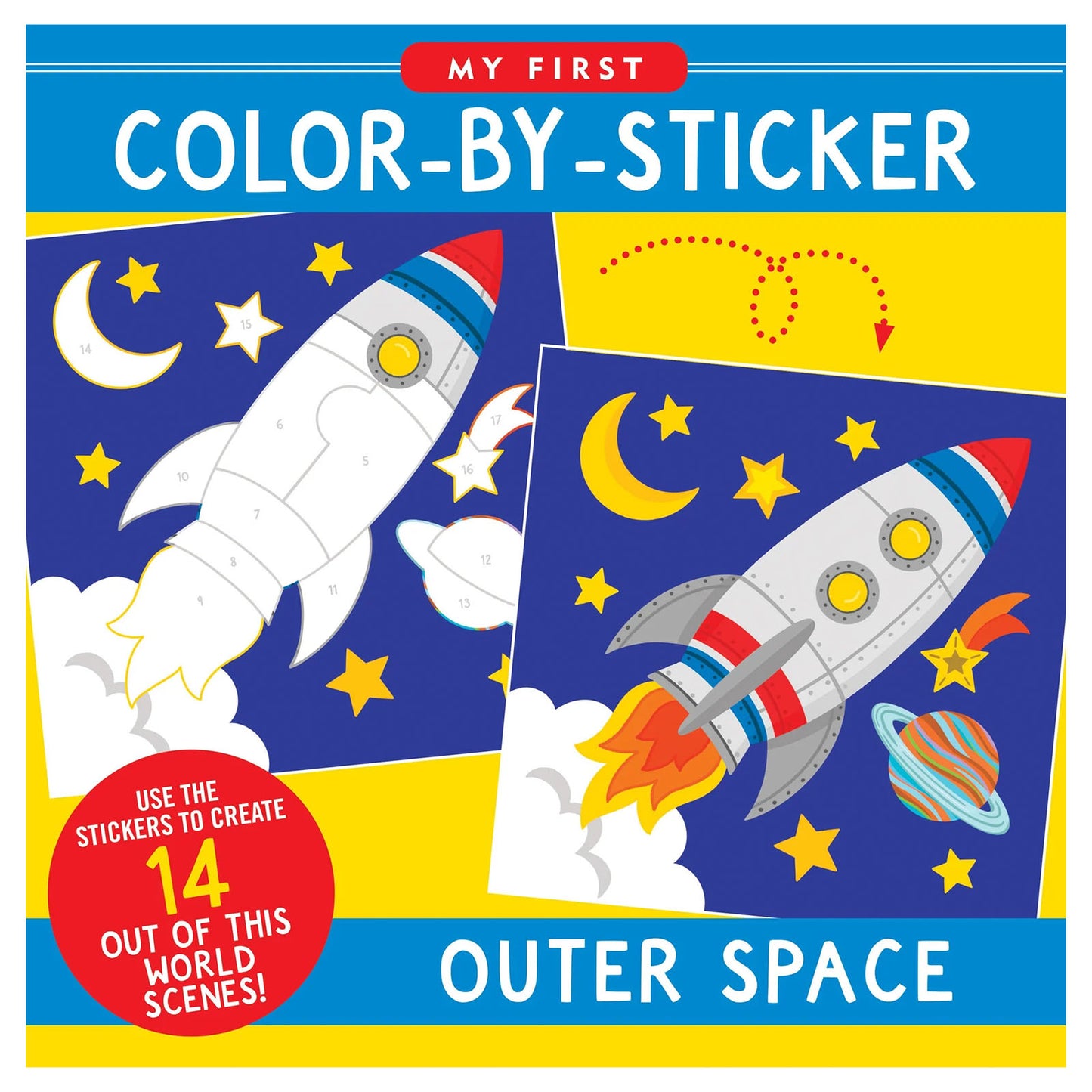 Book cover of 'My First Color-by-Sticker: Outer Space' with a rocket and space-themed illustrations.