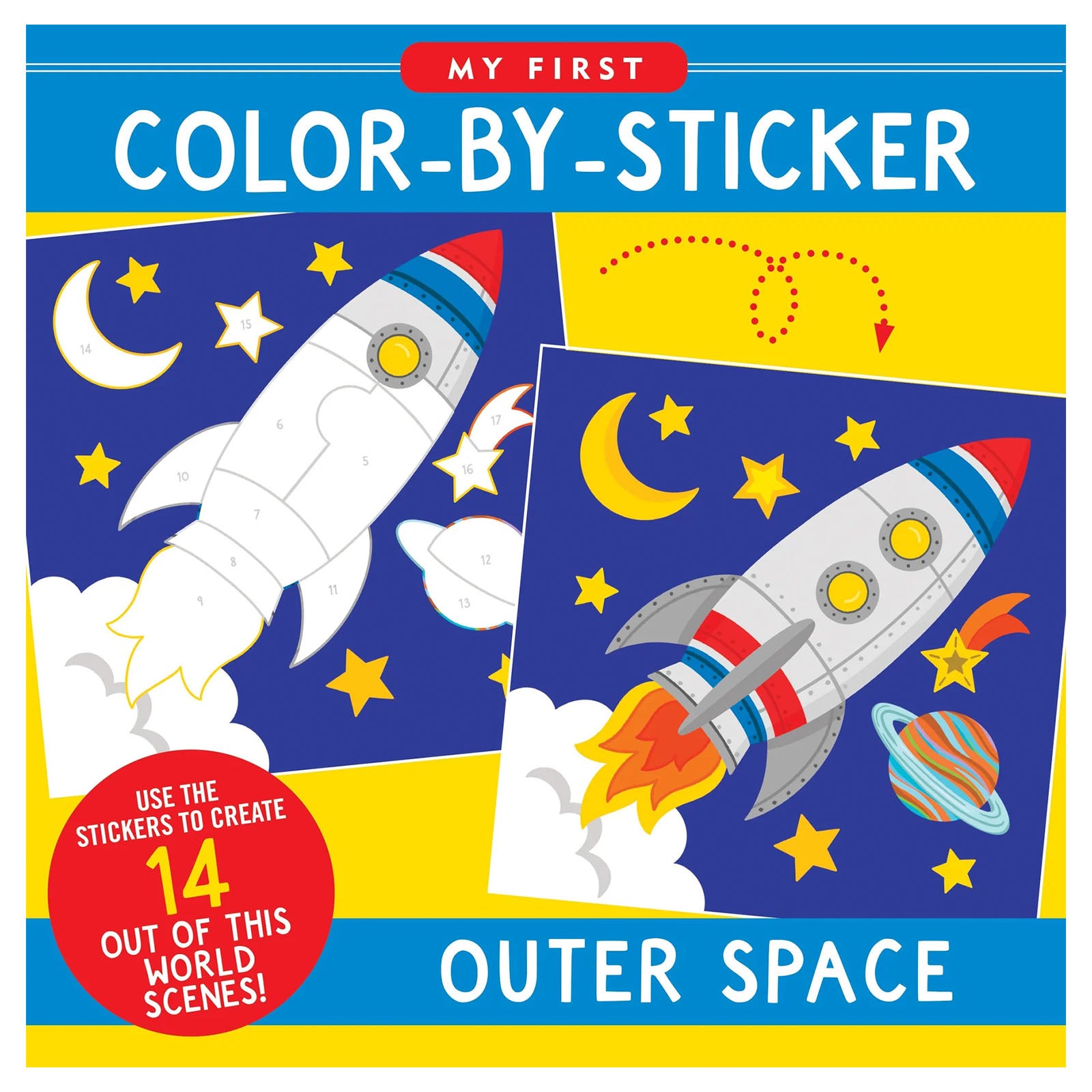 Book cover of 'My First Color-by-Sticker: Outer Space' with a rocket and space-themed illustrations.