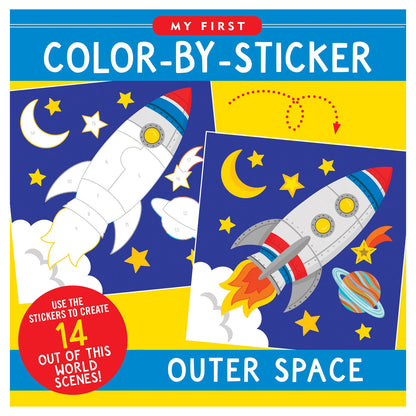 Book cover of 'My First Color-by-Sticker: Outer Space' with a rocket and space-themed illustrations.
