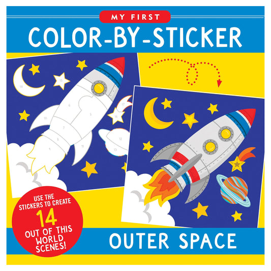 Book cover of 'My First Color-by-Sticker: Outer Space' with a rocket and space-themed illustrations.