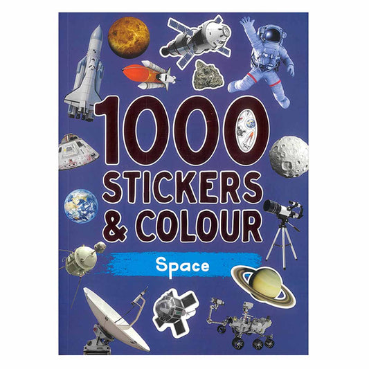 Book cover with space-themed illustrations and text '1000 Stickers & Colour Space'.