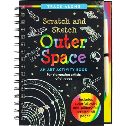 Trace-along scratch and sketch outer space art activity book with colorful text and space-themed illustrations.