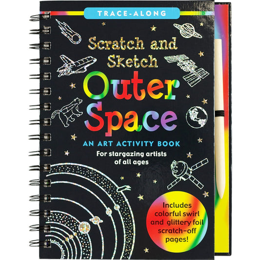 Trace-along scratch and sketch outer space art activity book with colorful text and space-themed illustrations.