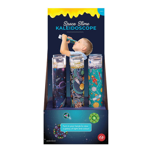 Space-themed kaleidoscope toy packaging with a child playing with it.