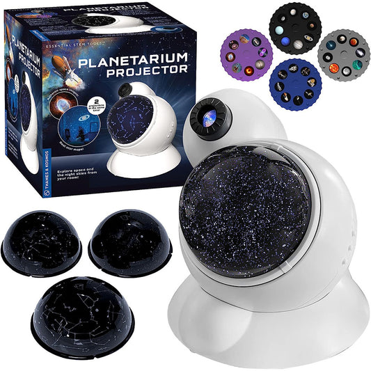 Planetarium projector with packaging and additional lenses on a white background