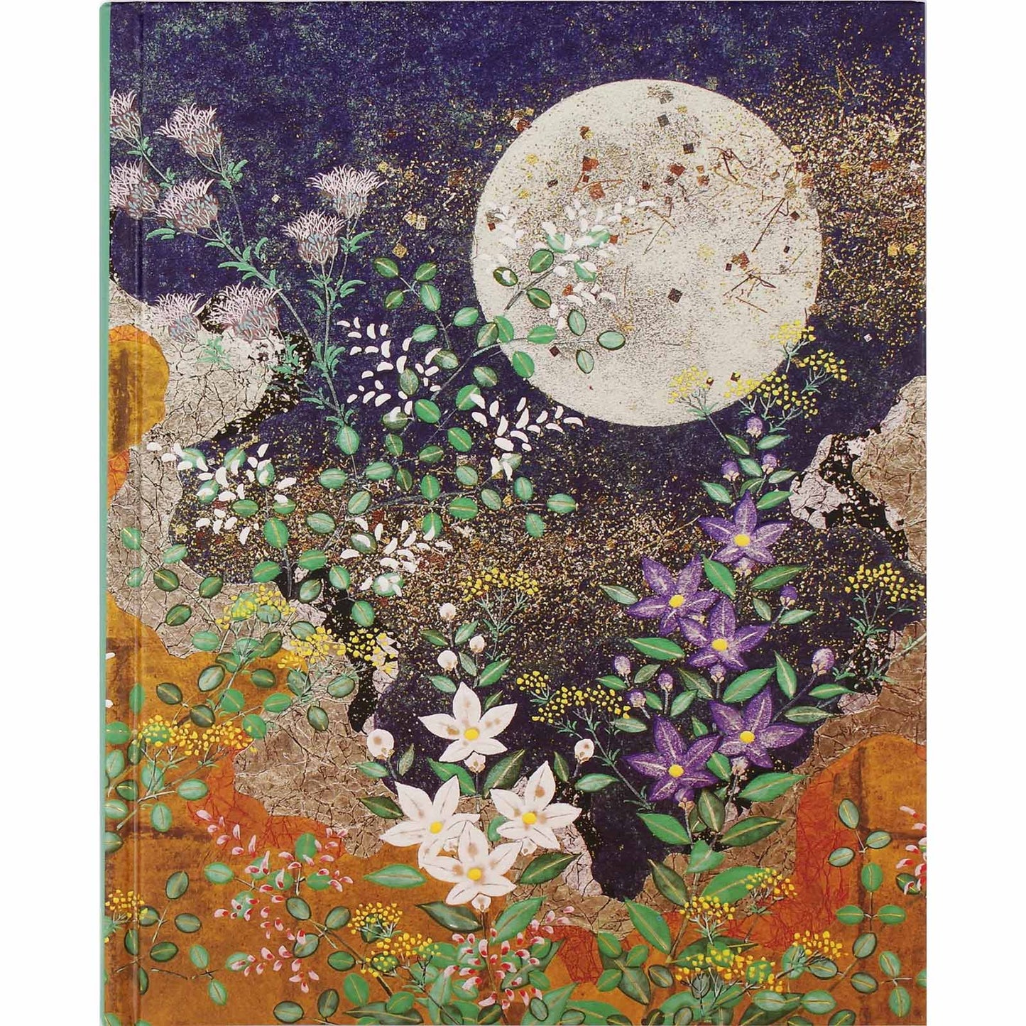 Decorative notebook cover with floral design and moon on a dark background