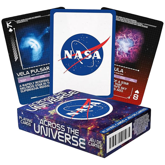 NASA-themed playing cards with space-themed artwork and NASA logo on a white background