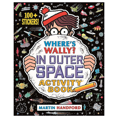 Activity book cover featuring a Wally peeking over a planet with space-themed illustrations.